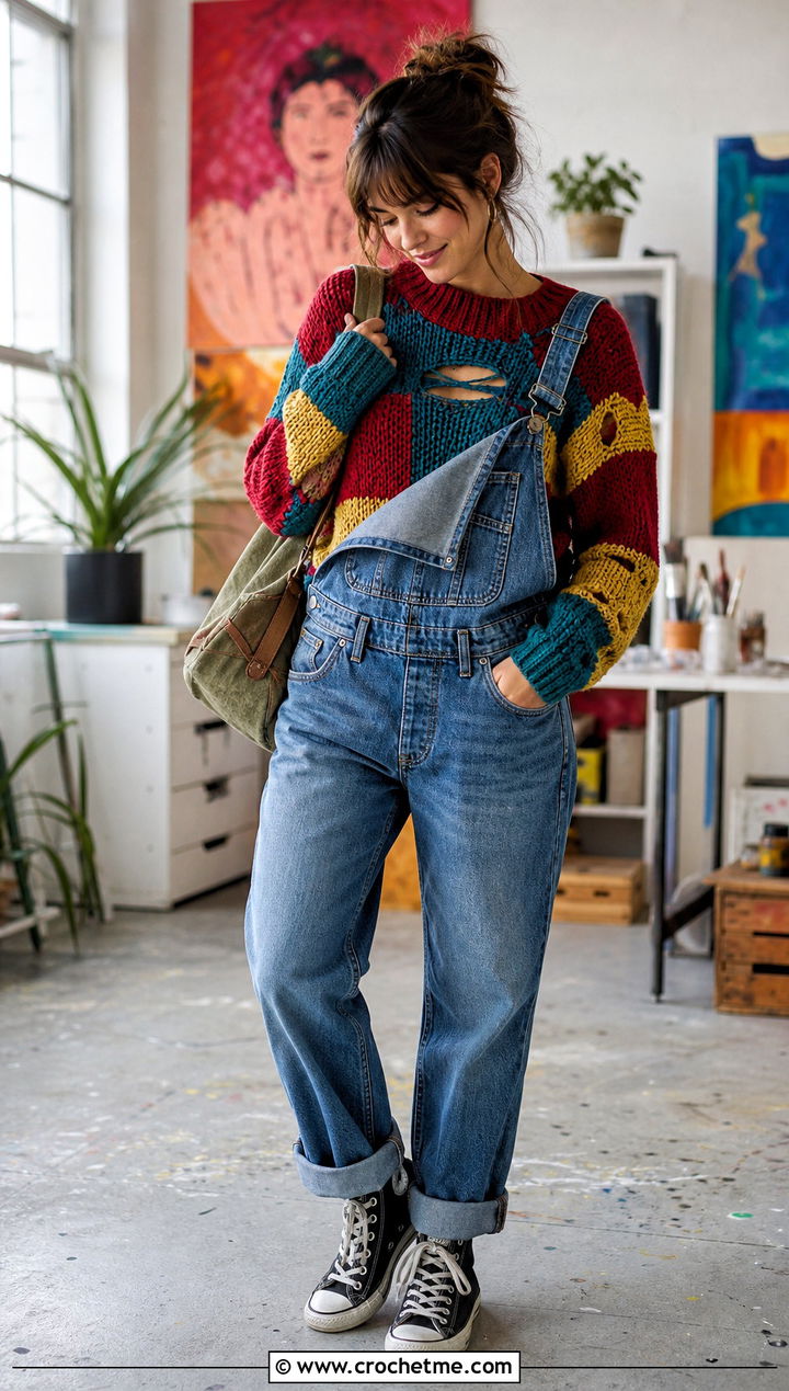 Patchwork Freddy Krueger Sweater With Denim Overalls - 30 crochet freddy krueger sweater outfit ideas