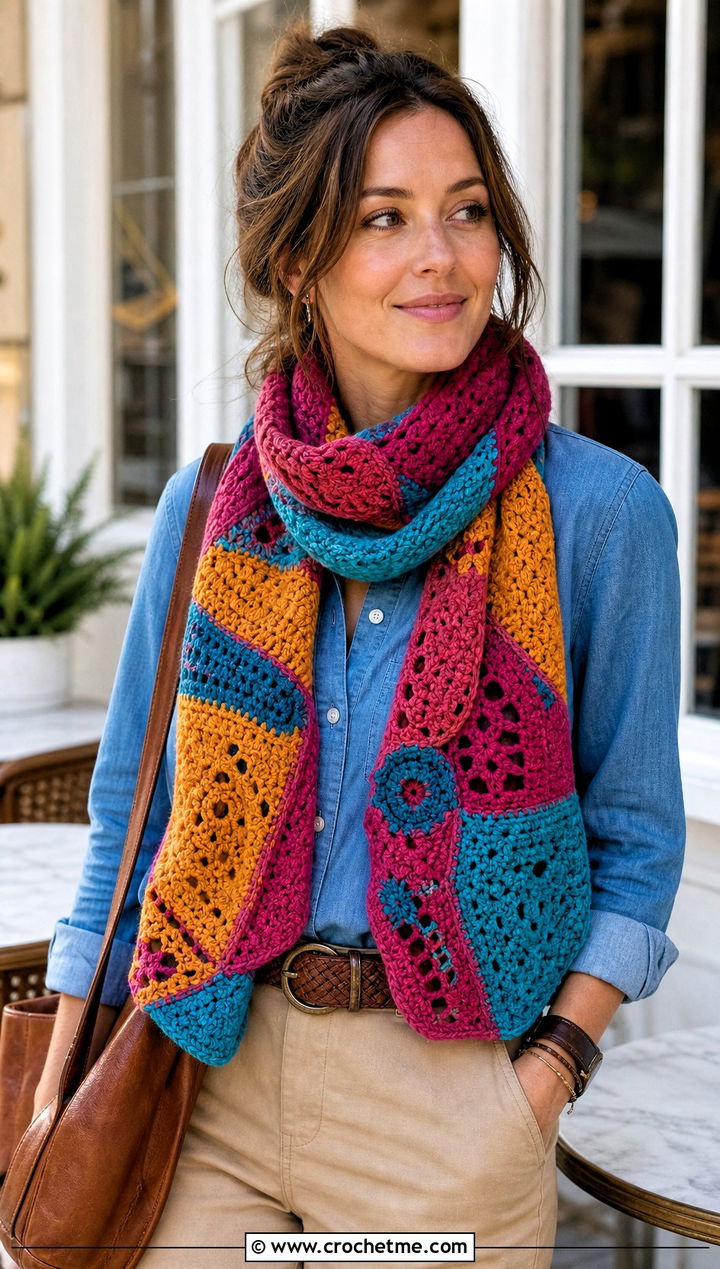 Patchwork Freeform Crochet Scarf With Chambray Shirt And Chinos - 25 Freeform Crochet Scarf outfit ideas