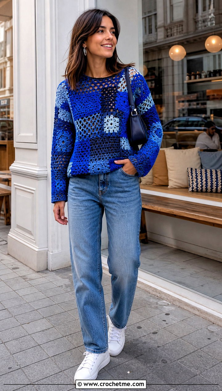 Patchwork Freeform Crochet Sweater With Straight Leg Jeans - 30 freeform crochet sweater outfit ideas