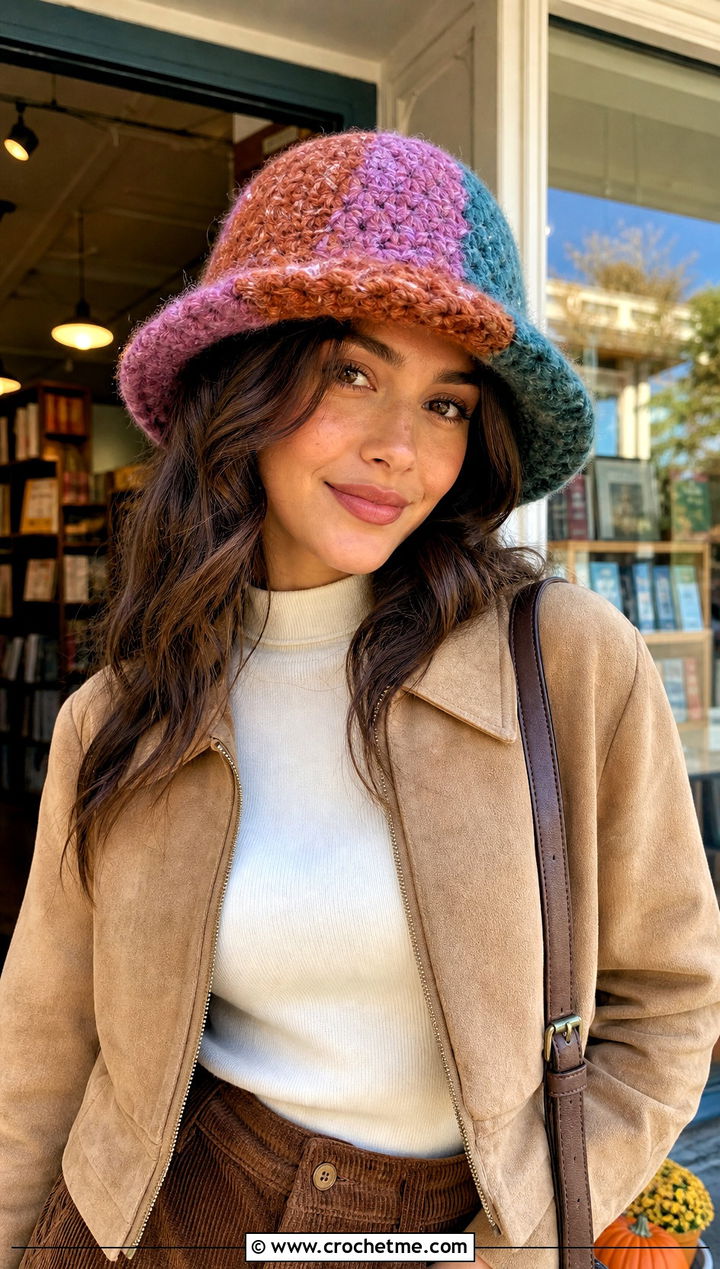 Patchwork Fuzzy Crochet Bucket Hat With Corduroy Pants - 25 fuzzy crochet bucket hat outfit ideas