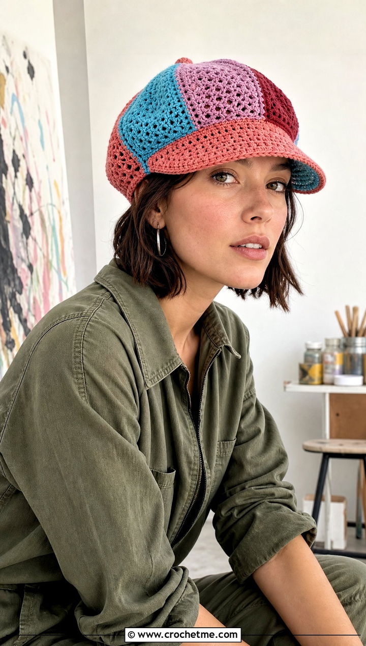 Patchwork Gatsby Crochet Hat With Utility Jumpsuit - 15 Gatsby Crochet Hat outfit ideas