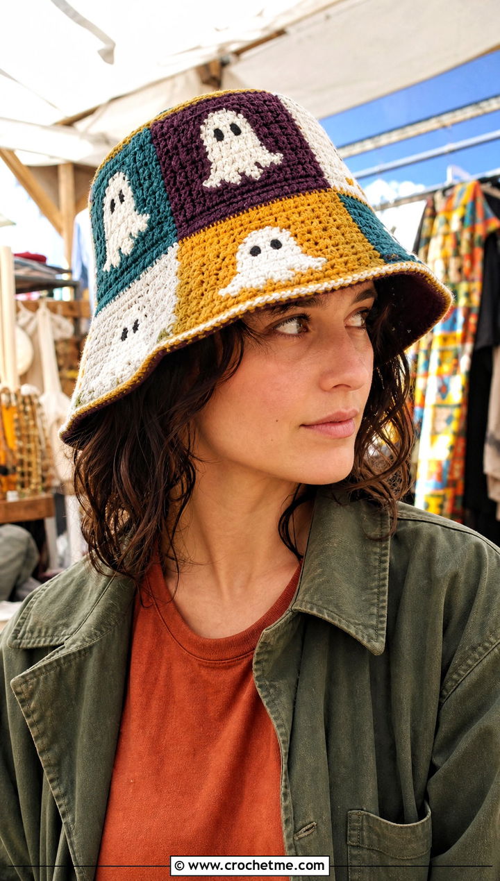 Patchwork Ghost Crochet Bucket Hat With Workwear Jacket - 25 Ghost Crochet Hat outfit ideas