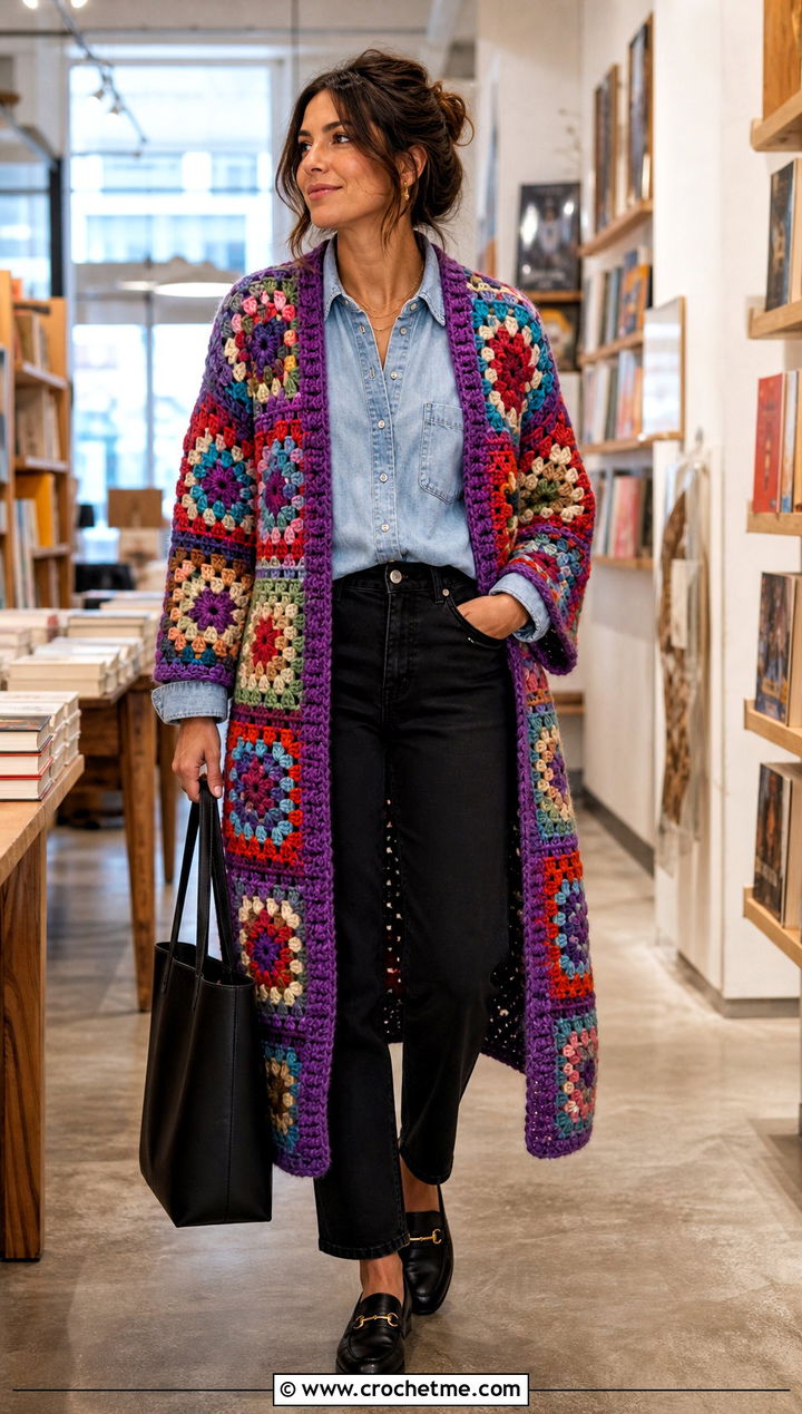 Patchwork Giant Granny Square Cardigan With Denim Shirt - 35 giant granny square cardigan outfit ideas