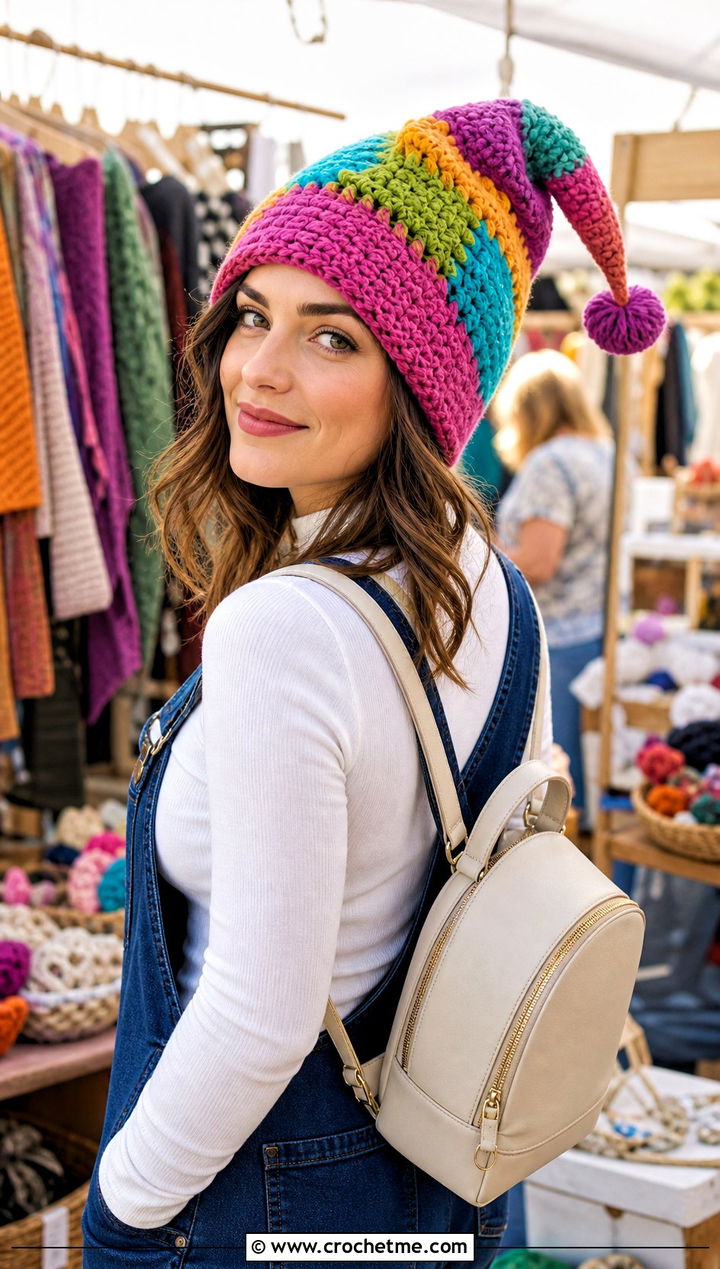 Patchwork Gnome Crochet Hat With Overalls And Canvas Sneakers - 25 pointy crochet hat outfit ideas