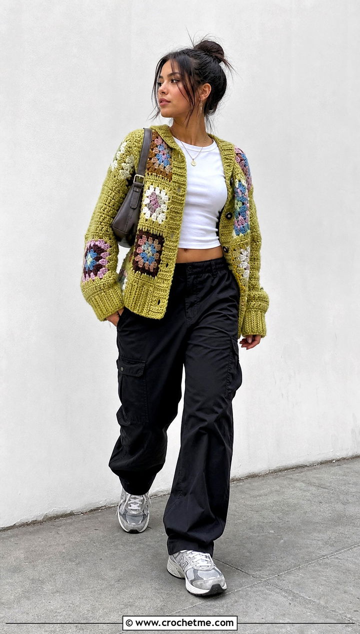Patchwork Grandpa Crochet Cardigan With Cargo Pants - 20 grandpa crochet cardigan outfit ideas