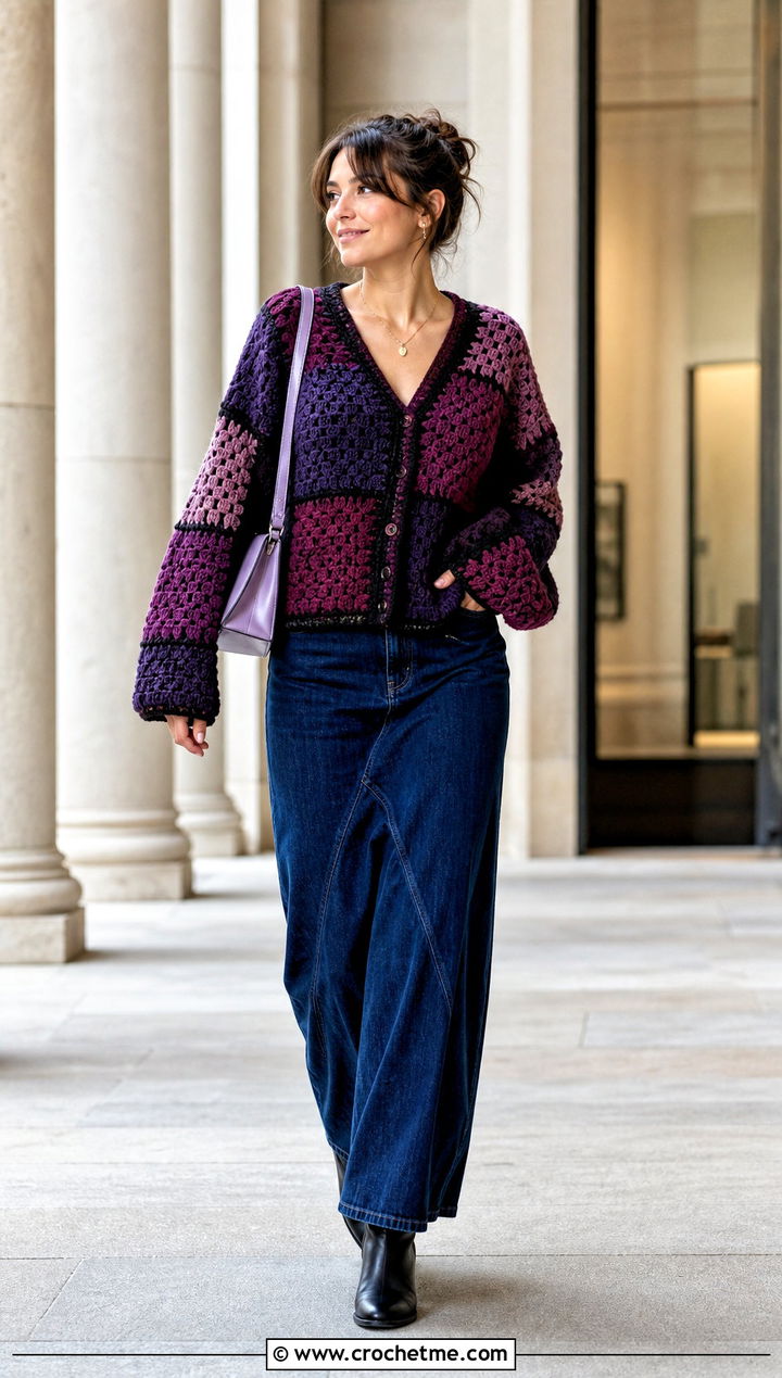 Patchwork Grandpa Crochet Sweater With Denim Maxi Skirt - 15 Grandpa Crochet Sweater outfit ideas