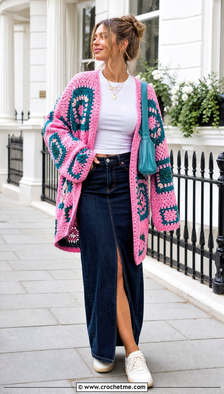 Patchwork Granny Crochet Cardigan With Denim Maxi Skirt - 25 Bulky Crochet Cardigan outfit ideas