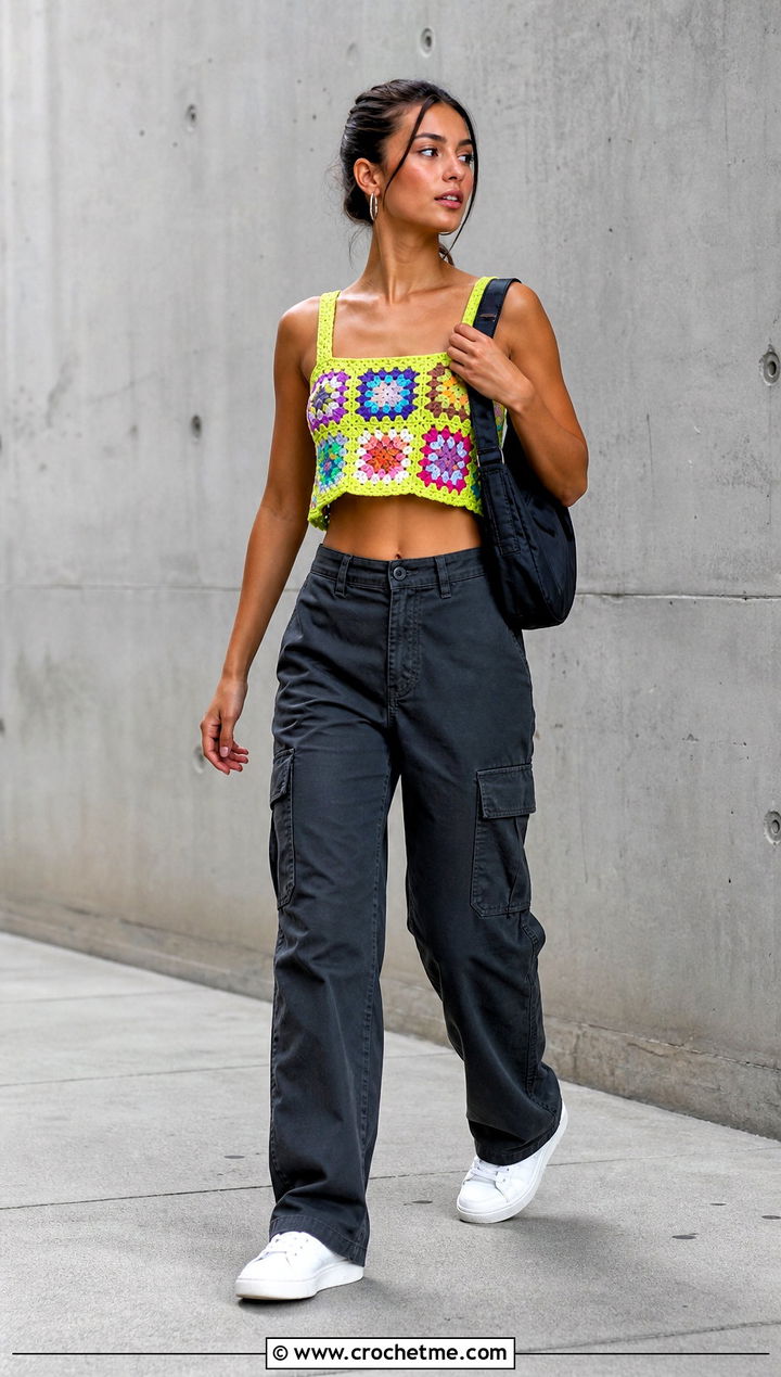 Patchwork Granny Crop Top With Cargo Pants - 25 Crochet Granny Crop Top outfit ideas