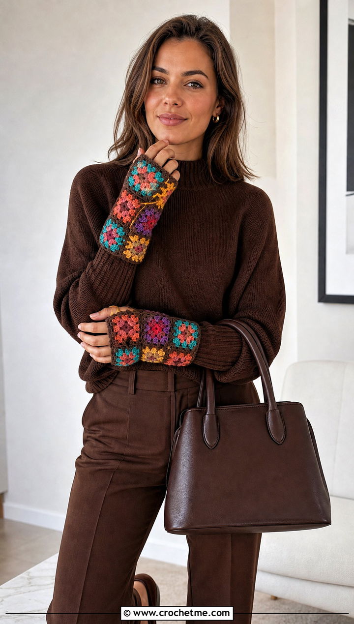 Patchwork Granny Hand Warmers With Monochrome Outfit - 30 easy crochet hand warmers outfit ideas