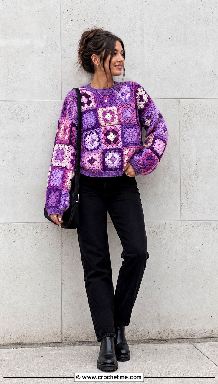Patchwork Granny Jumper With Black Jeans - 25 Crochet Granny Jumper outfit ideas