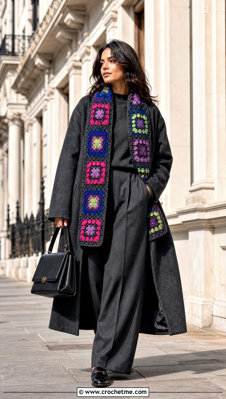 Patchwork Granny Scarf With Monochrome Outfit - 35 granny crochet scarf outfit ideas