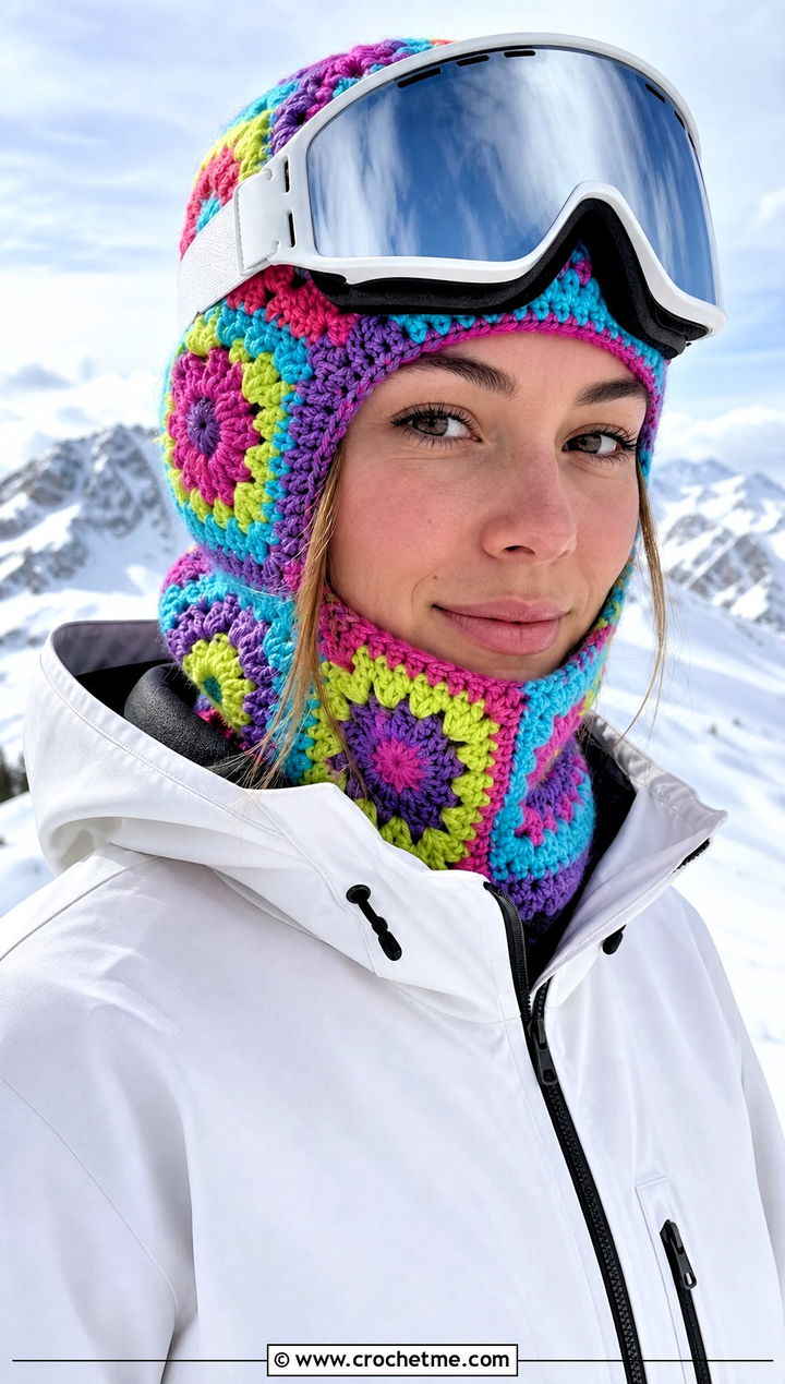 Patchwork Granny Square Balaclava With Ski Jacket - 30 crochet granny square balaclava outfit ideas
