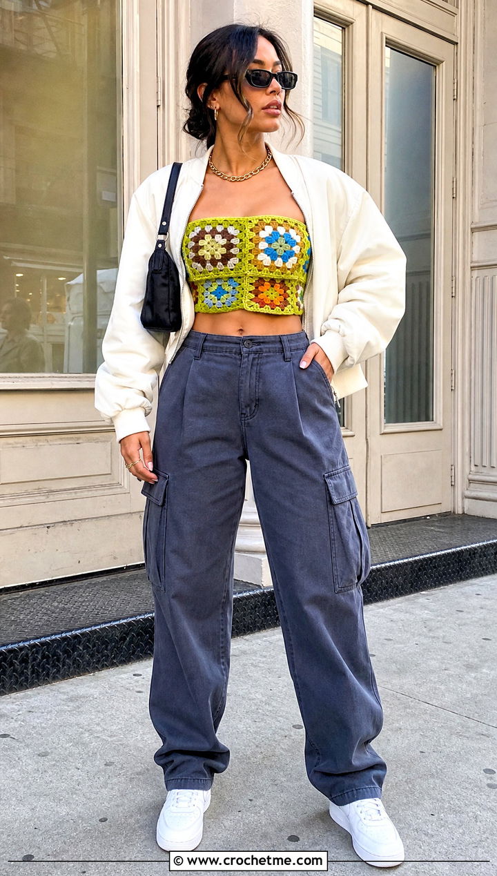 Patchwork Granny Square Bandeau Bralette With Cargo Pants - 15 granny square bralette outfit ideas