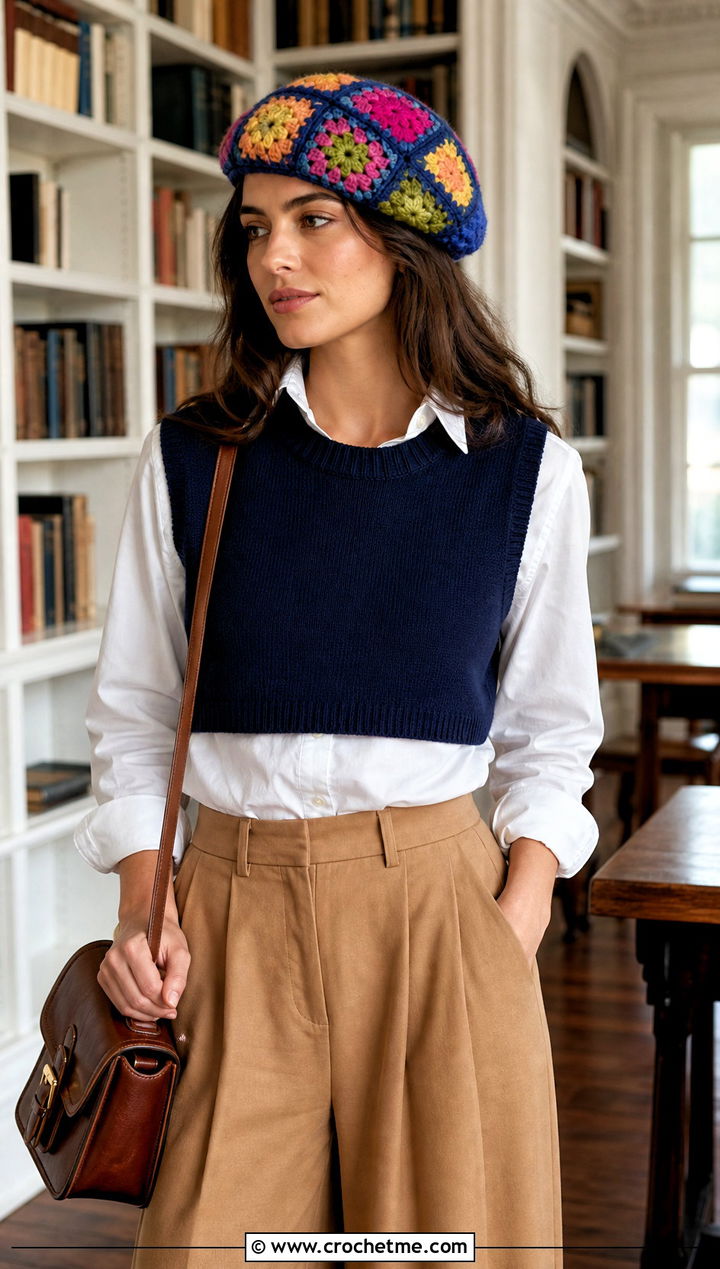 Patchwork Granny Square Beret With White Shirt And Vest - 25 Granny Square Beret outfit ideas