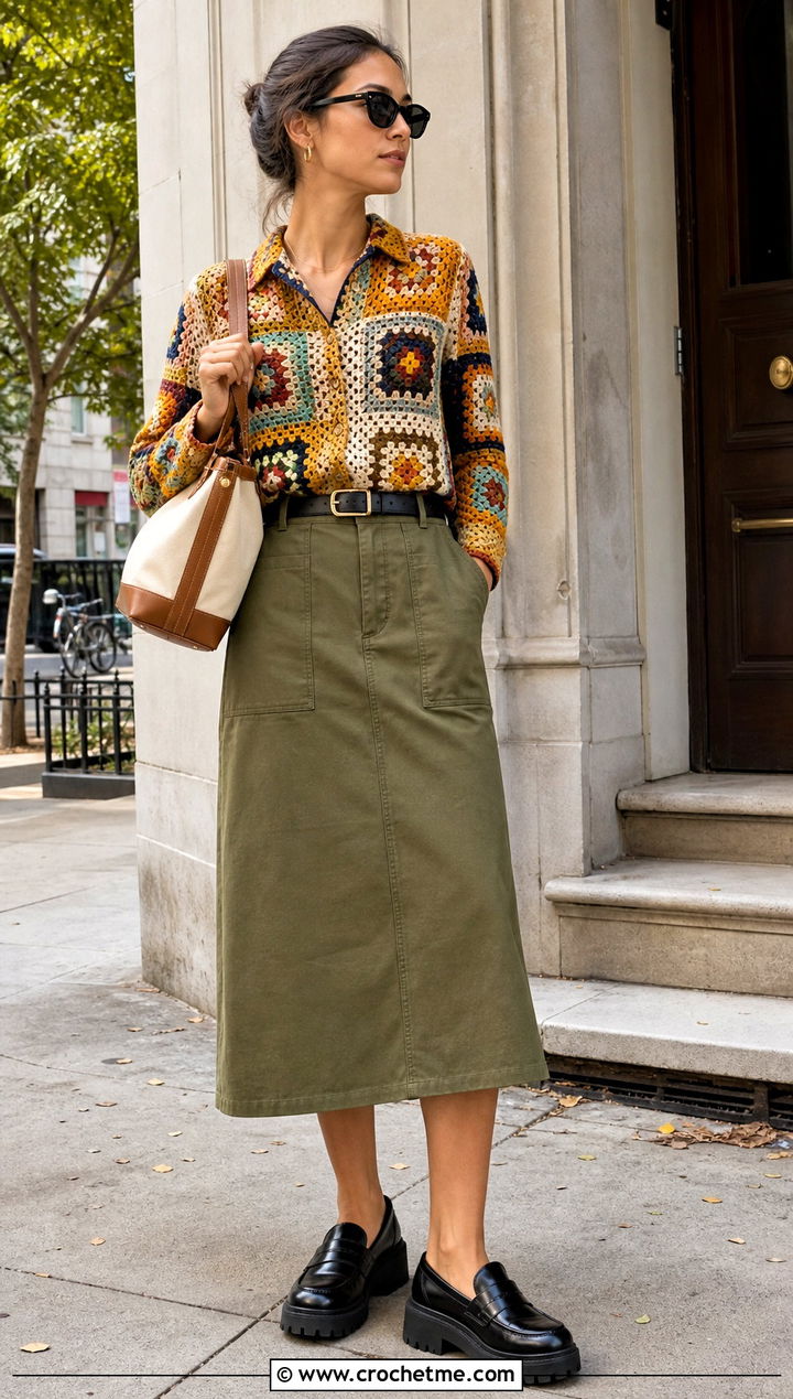 Patchwork Granny Square Blouse With Utility Skirt - 35 Granny Square Blouse outfit ideas