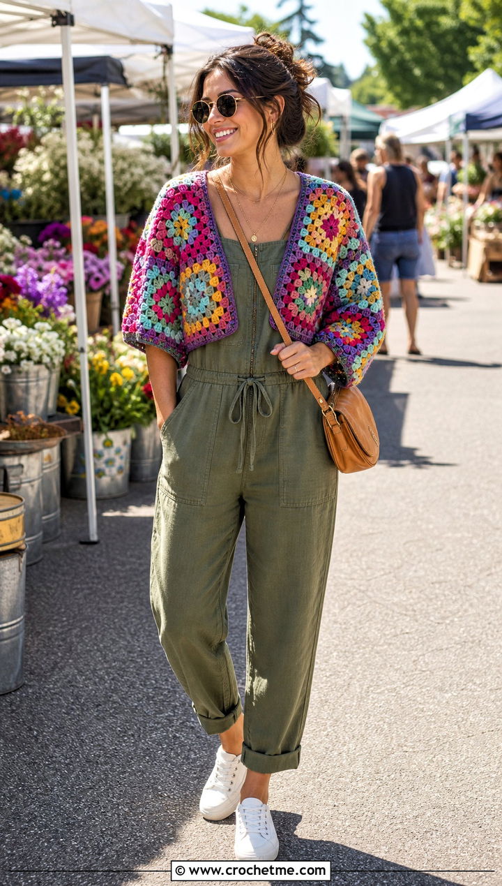 Patchwork Granny Square Bolero With Utility Jumpsuit - 35 granny square bolero outfit ideas