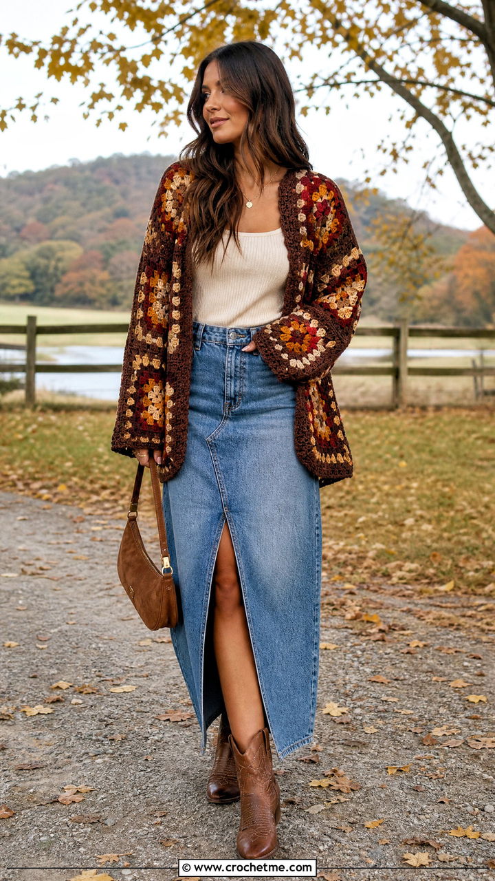 Patchwork Granny Square Brown Crochet Cardigan With Denim Maxi Skirt - 35 Brown Crochet Cardigan outfit ideas