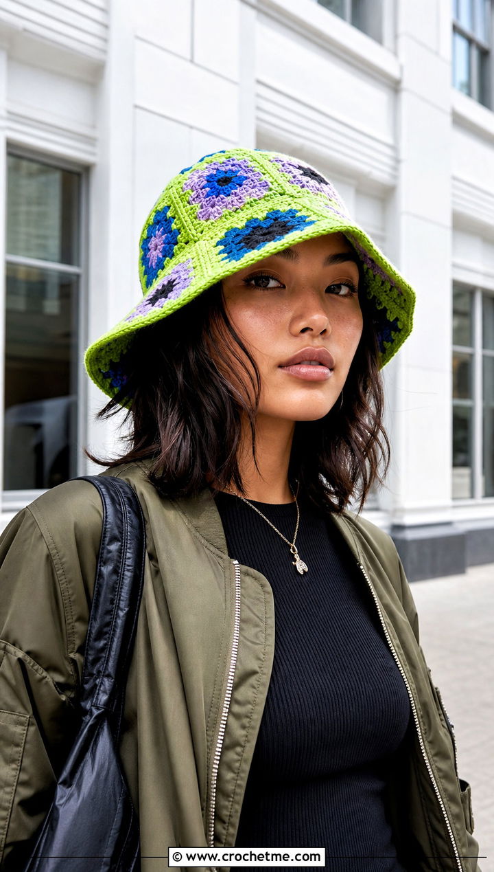 Patchwork Granny Square Bucket Hat With Cargo Pants - 20 Granny Crochet Hat outfit ideas