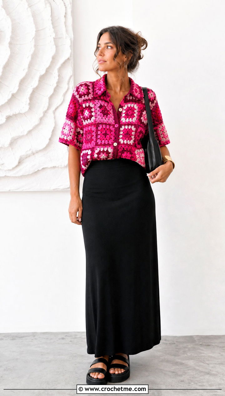 Patchwork Granny Square Button Up Shirt With Black Maxi Skirt - 25 Granny Square Button Up Shirt outfit ideas