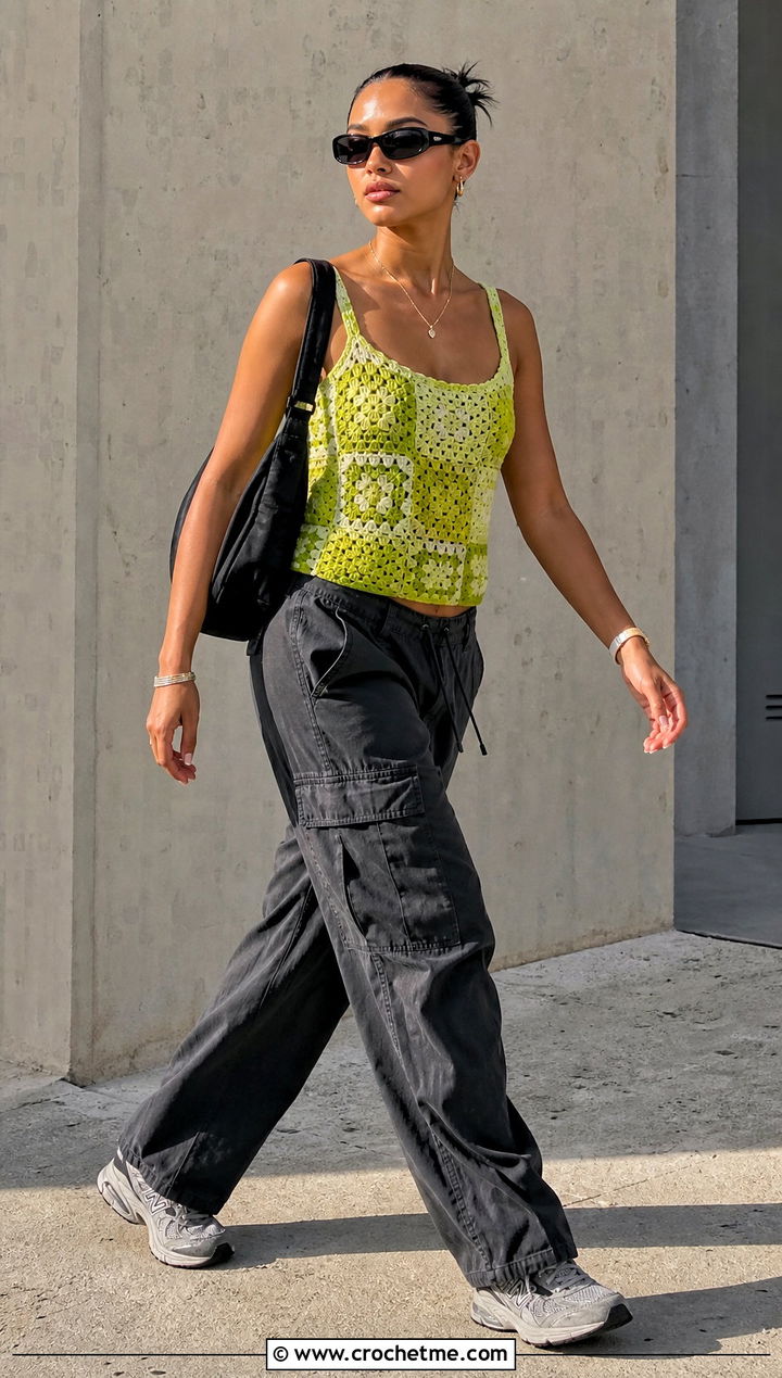 Patchwork Granny Square Cami Top With Cargo Pants - 30 crochet granny square summer top outfit ideas