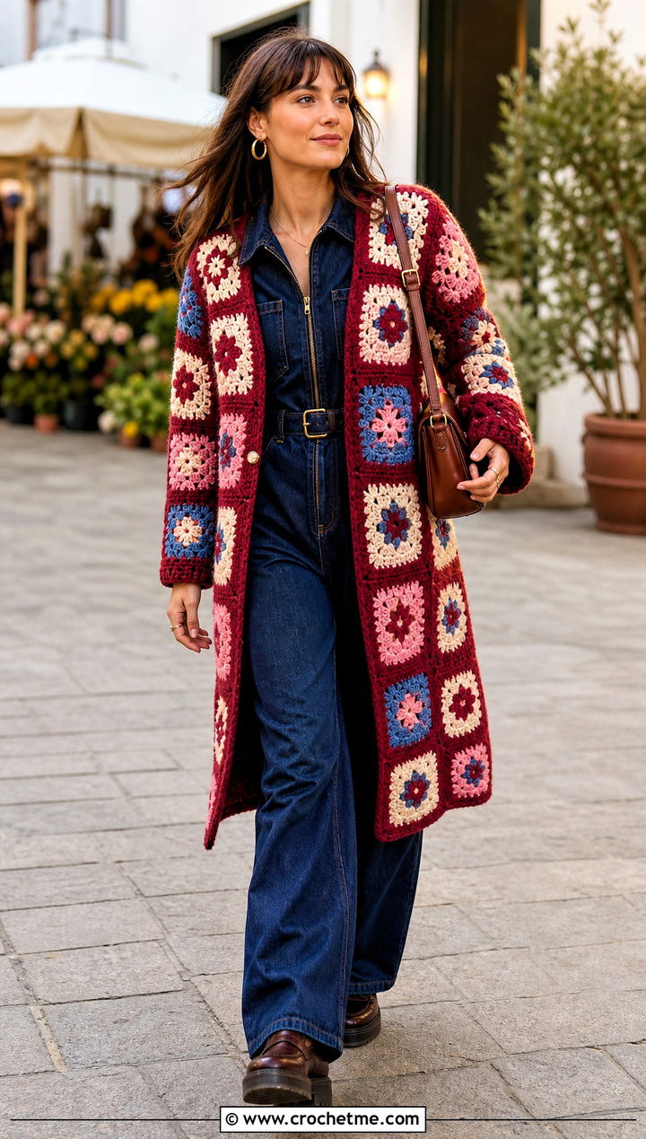 Patchwork Granny Square Car Coat With Denim Jumpsuit - 15 Granny Square Car Coat outfit ideas