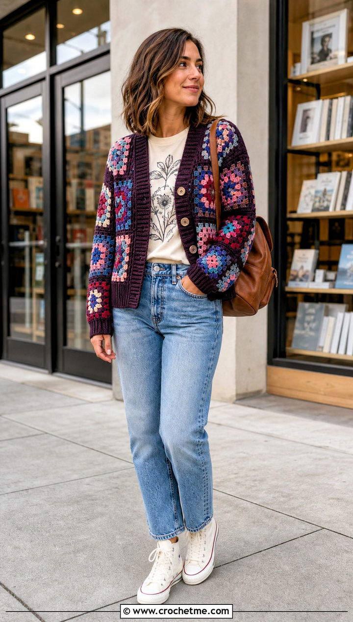 Patchwork Granny Square Cardigan With A Graphic Tee And Jeans - 20 boho granny square cardigan outfit ideas