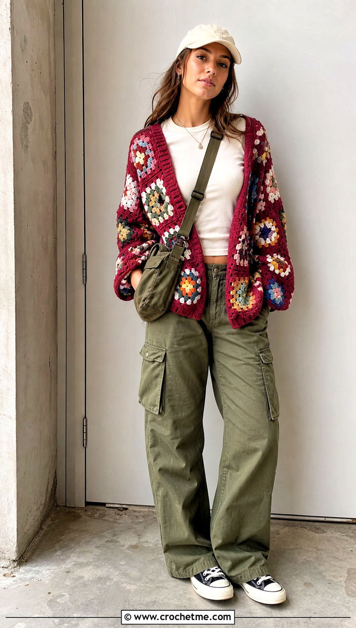 Patchwork Granny Square Cardigan With Cargo Pants - 35 Easy Simple Crochet Granny Square Cardigan outfit ideas