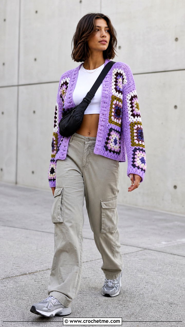 Patchwork Granny Square Cardigan With Cargo Pants - 30 crochet granny squares cardigan outfit ideas