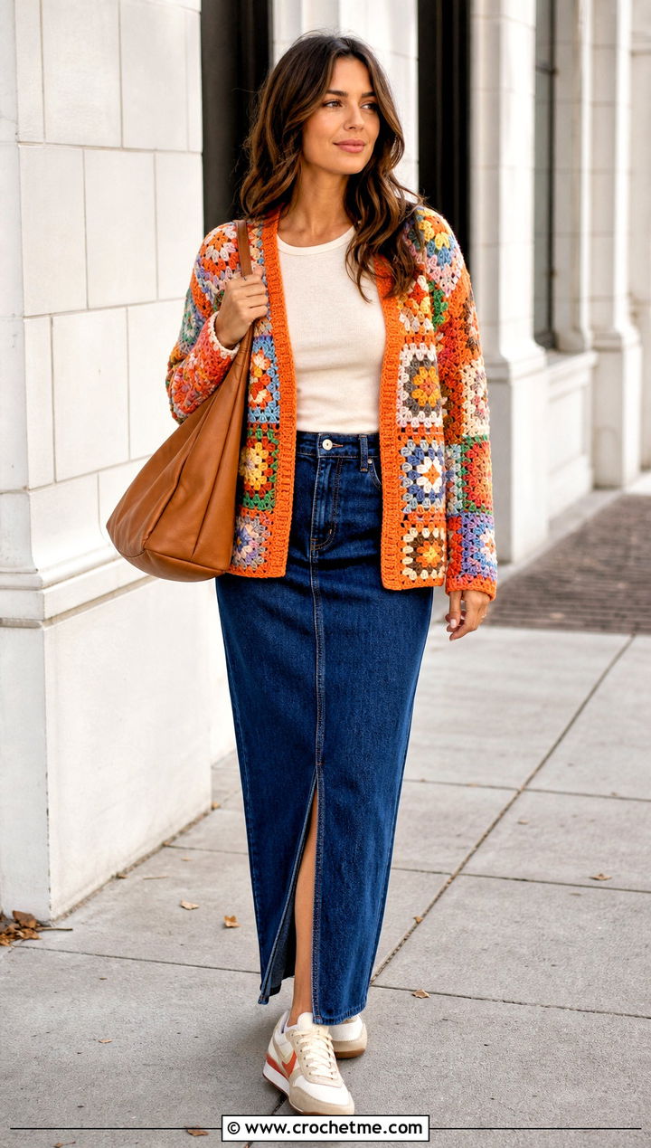 Patchwork Granny Square Cardigan With Denim Maxi Skirt - 25 granny crochet sweater outfit ideas