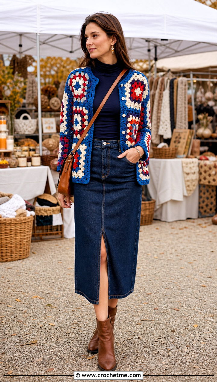 Patchwork Granny Square Cardigan With Denim Midi Skirt - 20 Crochet Fall Granny Square Cardigan outfit ideas