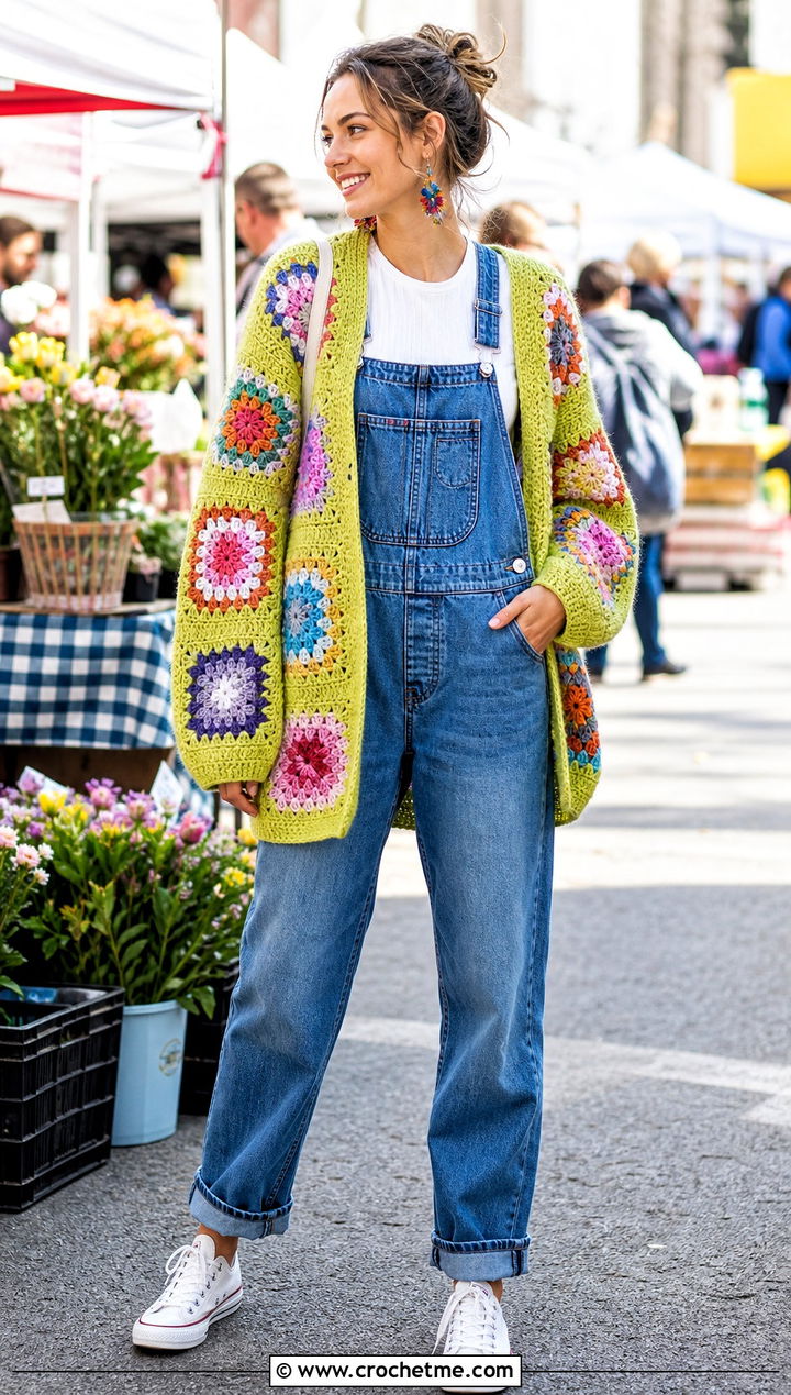 Patchwork Granny Square Cardigan With Denim Overalls - 15 Womens Granny Square Cardigan outfit ideas
