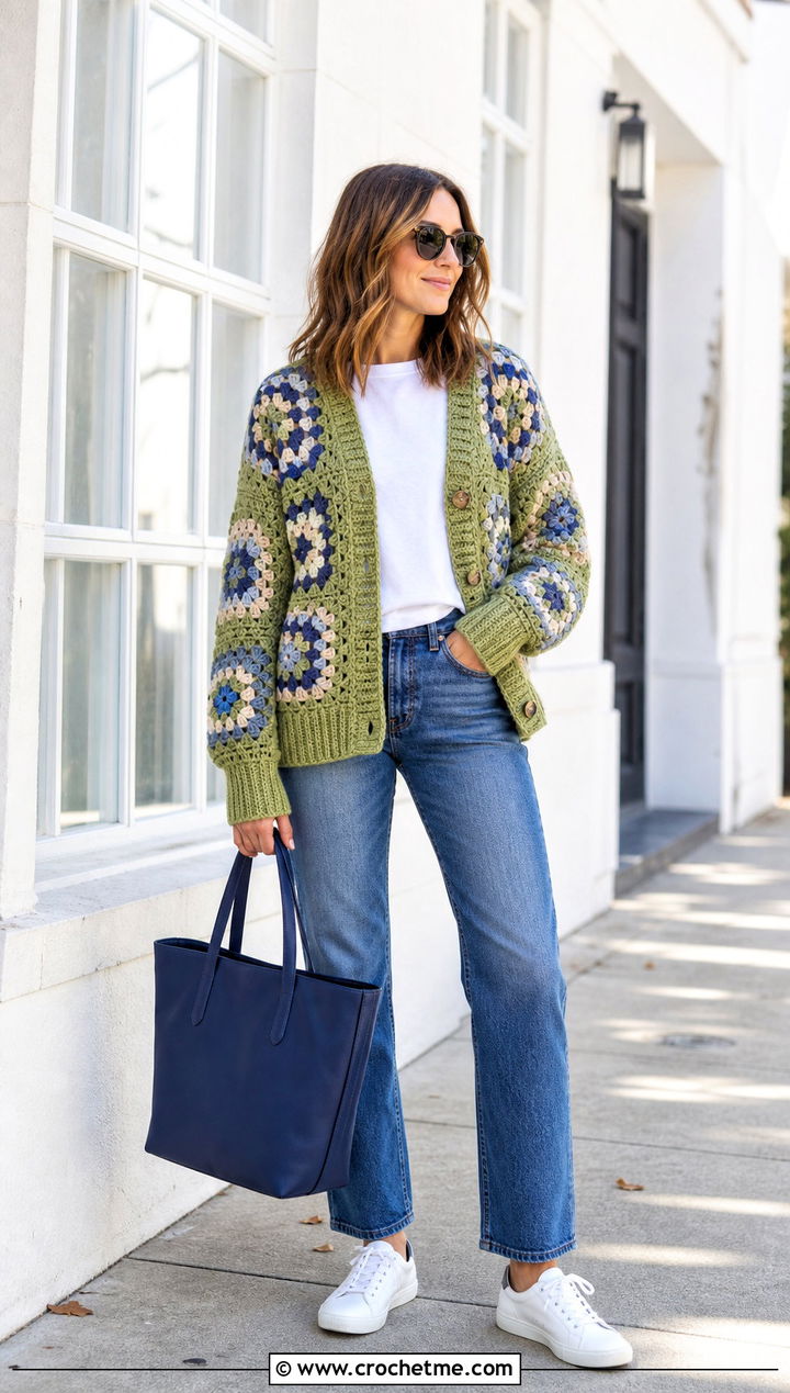 Patchwork Granny Square Cardigan With Straight Leg Jeans - 25 For Granny Square Cardigan outfit ideas