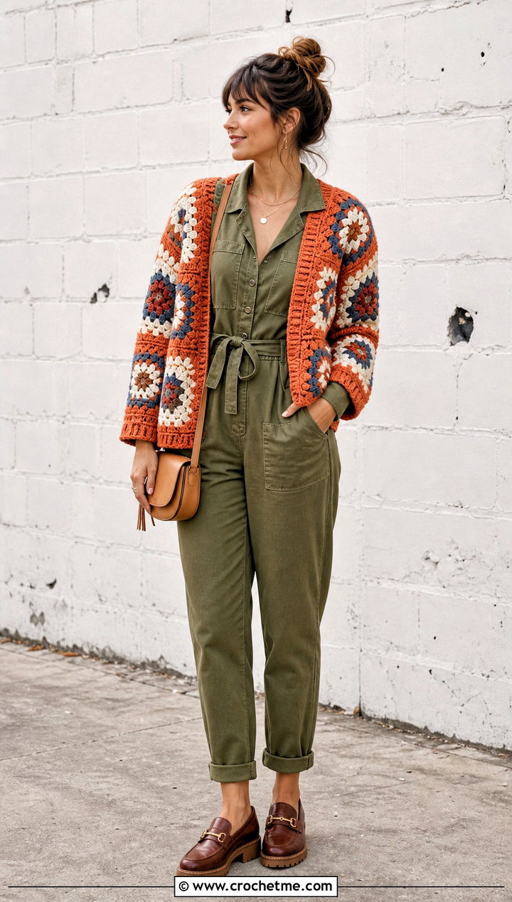 Patchwork Granny Square Cardigan With Utility Jumpsuit - 25 One Granny Square Cardigan outfit ideas