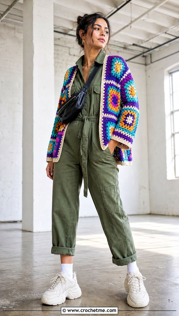 Patchwork Granny Square Cardigan With Utility Jumpsuit - 30 cardigan with granny square outfit ideas