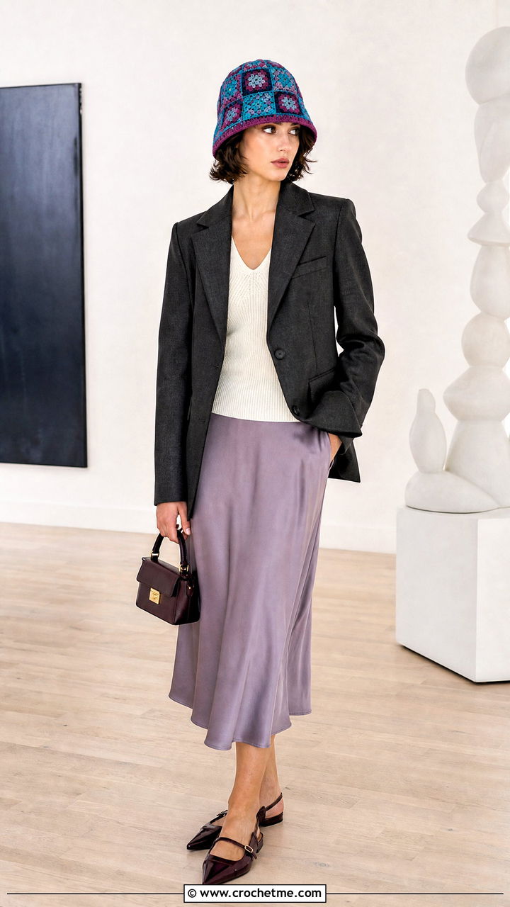 Patchwork Granny Square Cloche Hat With Blazer And Midi Skirt - 35 granny square hat outfit ideas