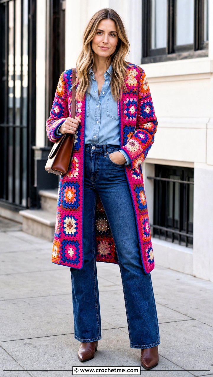 Patchwork Granny Square Coat With Double Denim - 30 crochet granny square coat outfit ideas