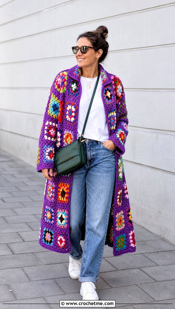 Patchwork Granny Square Coat With White T Shirt And Jeans - 30 granny square coat outfit ideas