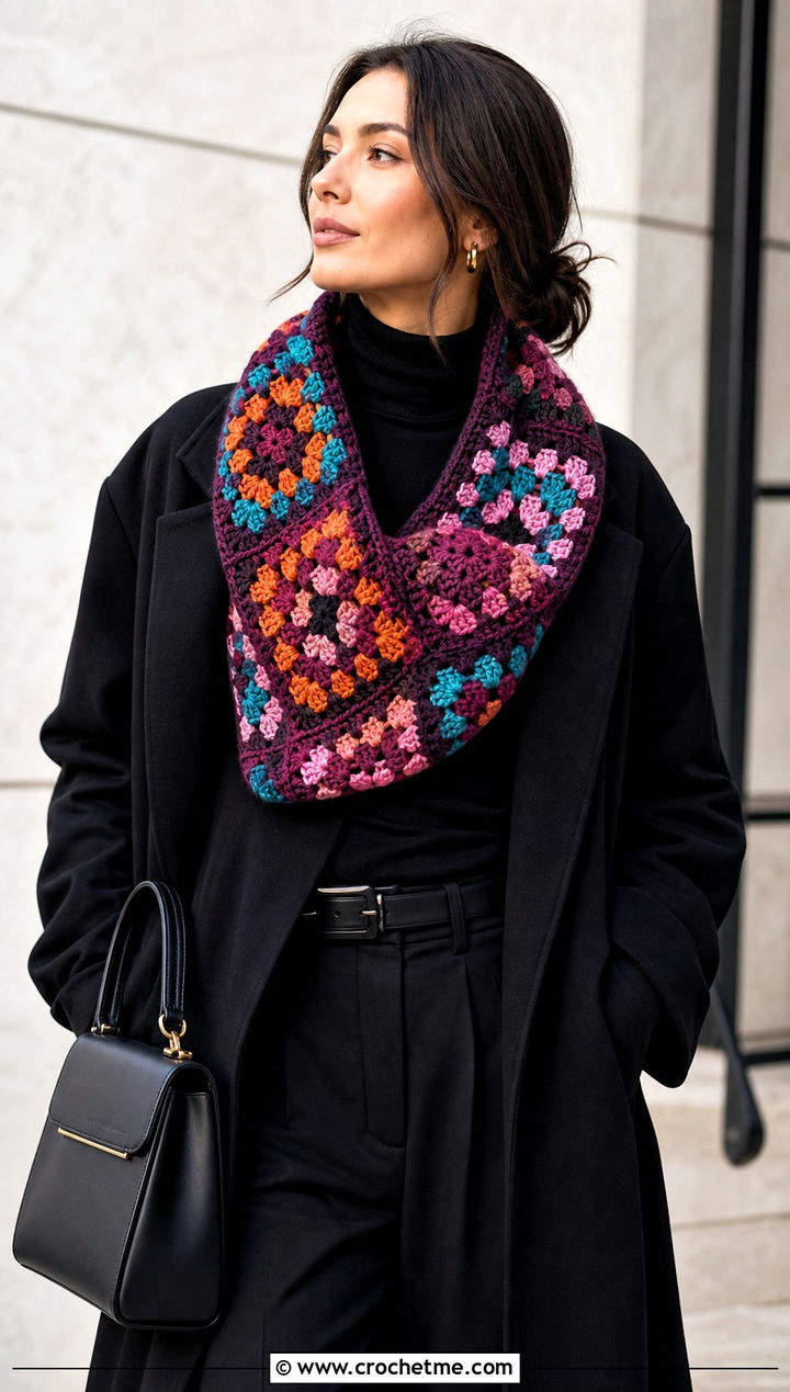 Patchwork Granny Square Cowl With Monochrome Outfit - 25 Granny Square Cowl outfit ideas