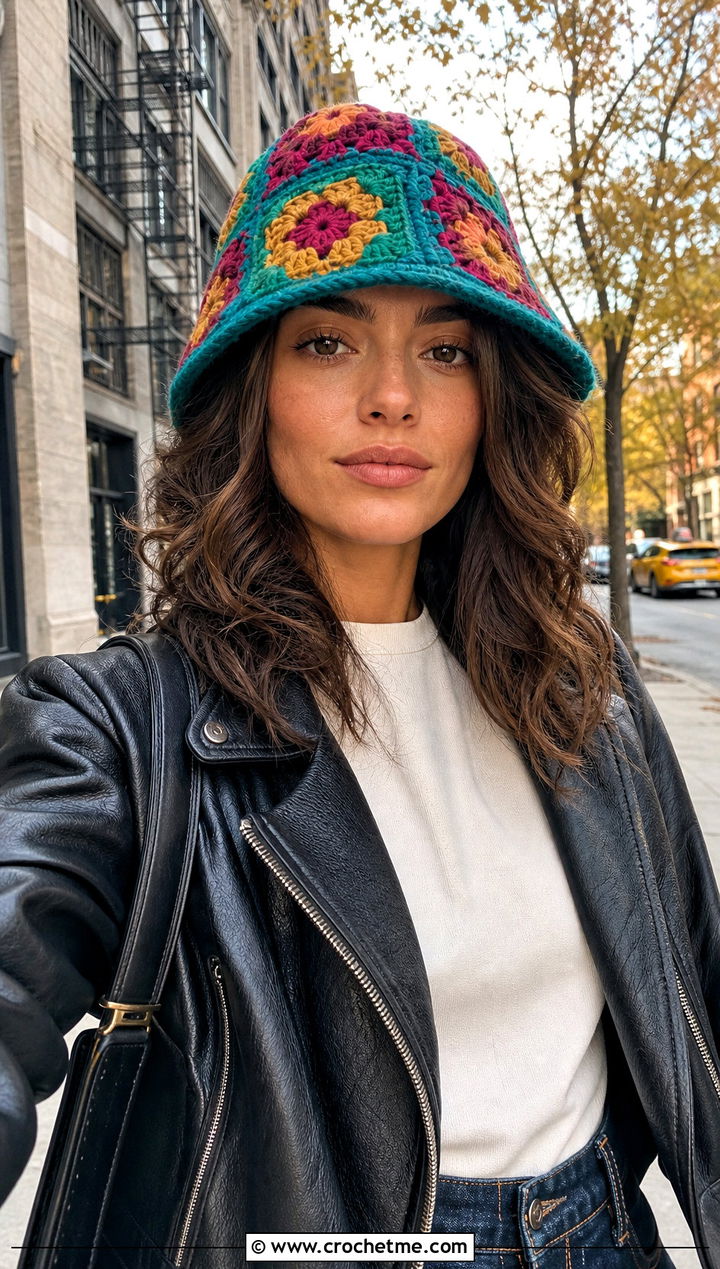 Patchwork Granny Square Crochet Bucket Hat With Leather Jacket - 35 granny square crochet bucket hat outfit ideas
