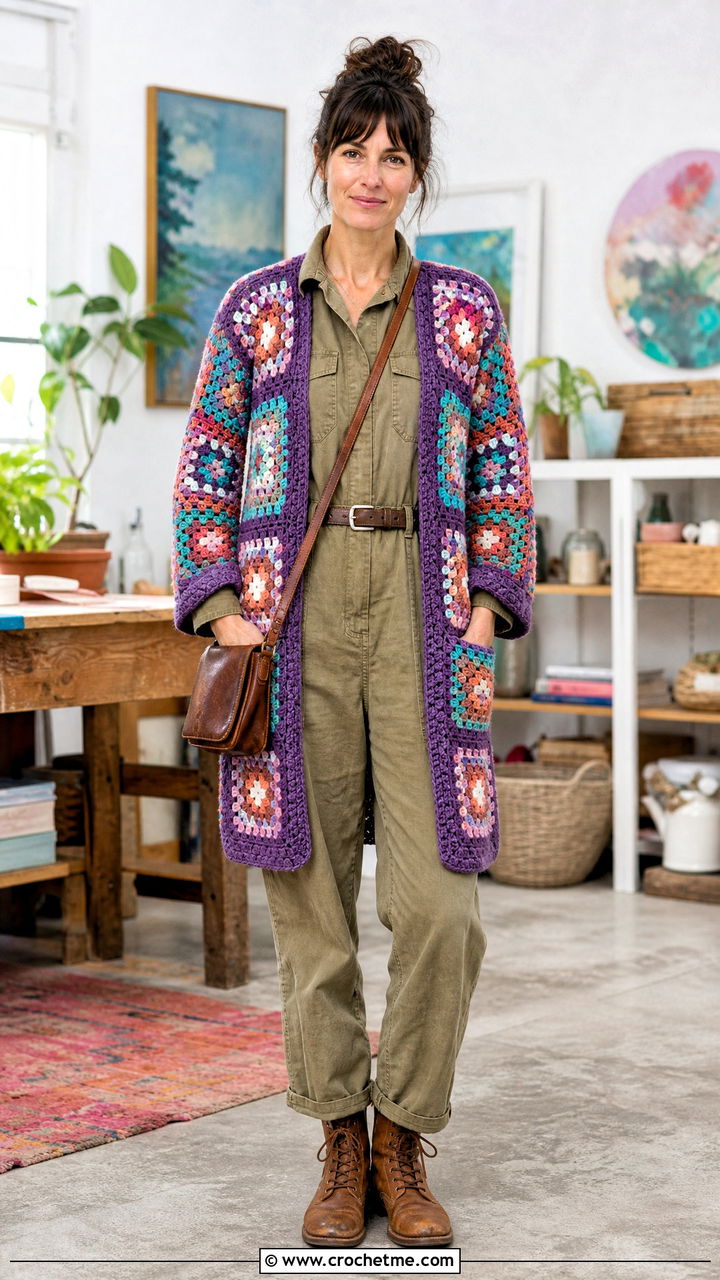 Patchwork Granny Square Crochet Cardigan With Utility Jumpsuit - 35 granny square crochet cardigan outfit ideas