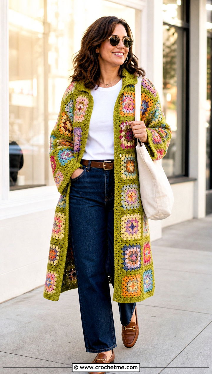 Patchwork Granny Square Crochet Coat With White T Shirt And Jeans - 25 Granny Square Crochet Coat outfit ideas