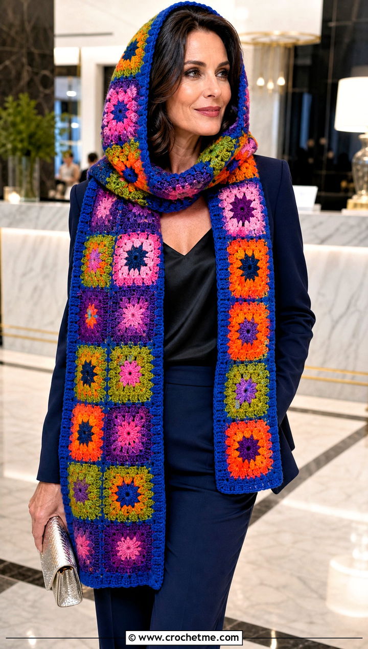 Patchwork Granny Square Crochet Hooded Scarf With Evening Suit - 30 Granny Square Crochet Hooded Scarf outfit ideas