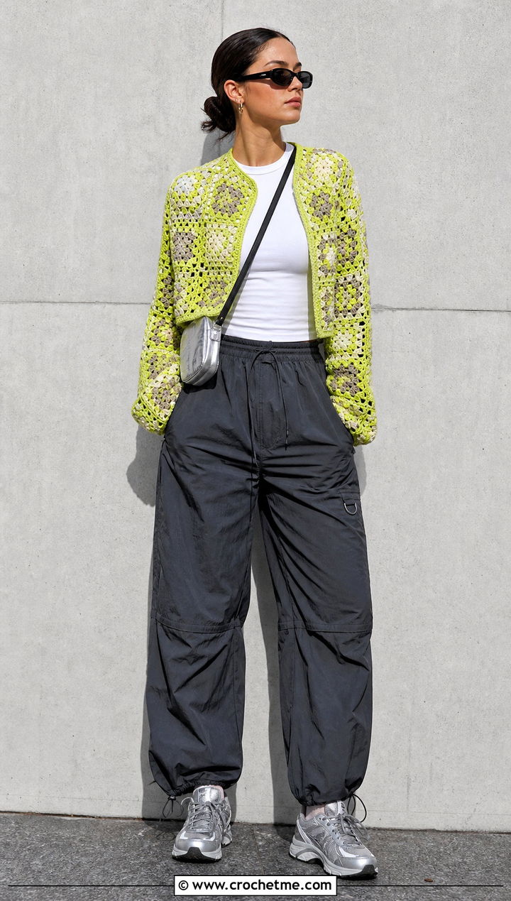 Patchwork Granny Square Crochet Long Sleeve Top With Parachute Pants - 25 Granny Square Crochet Long Sleeve Top outfit ideas