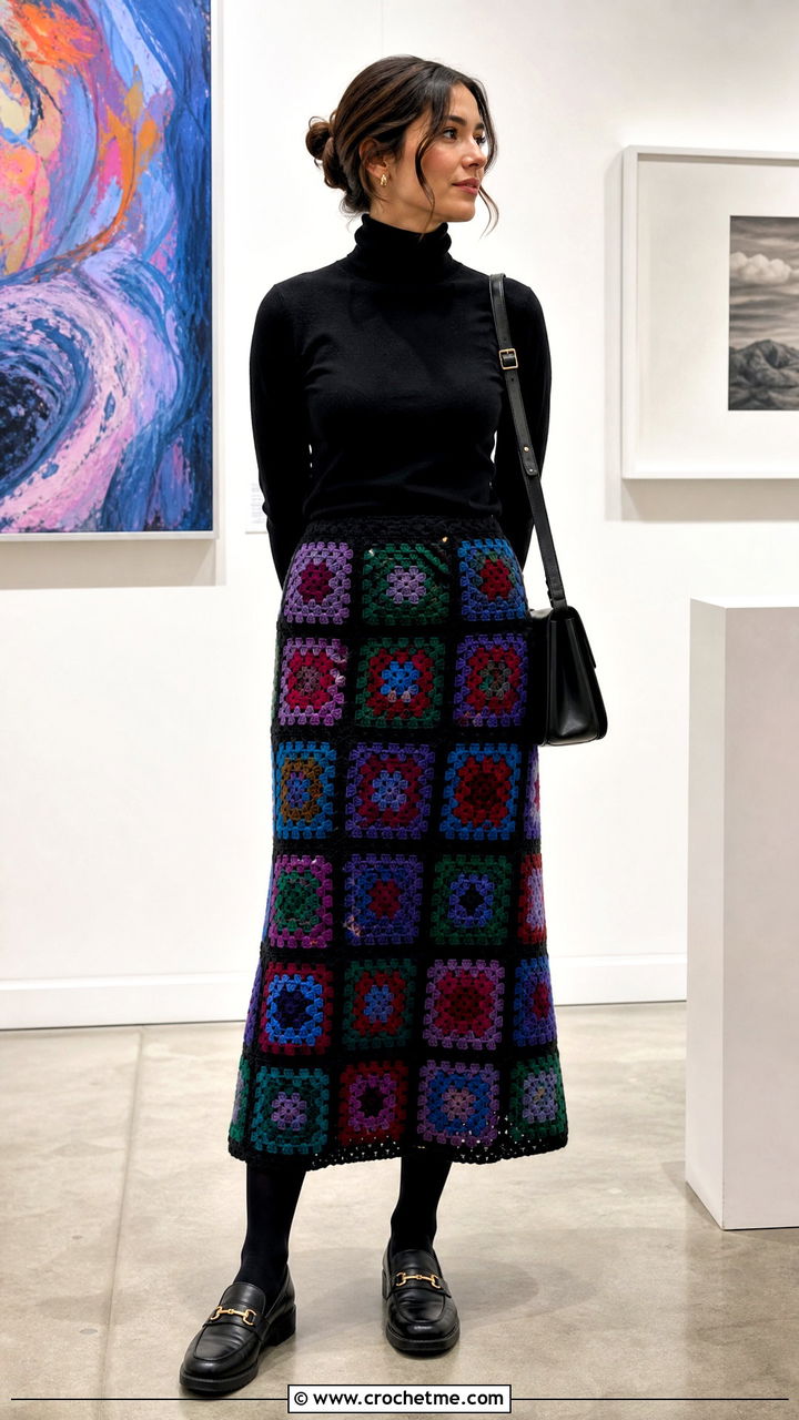 Patchwork Granny Square Crochet Midi Skirt With Black Turtleneck - 35 crochet flowy skirt outfit ideas