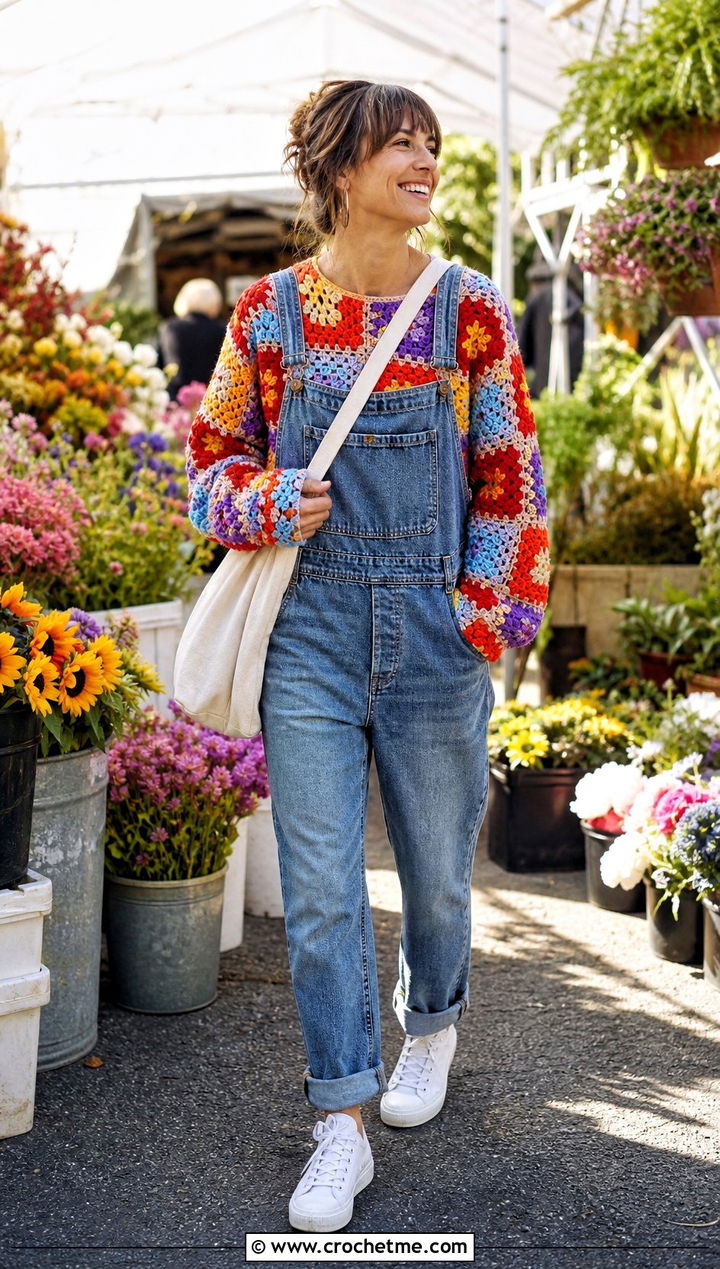 Patchwork Granny Square Crochet Pullover With Overalls - 15 crochet for ladies pull over sweaters outfit ideas