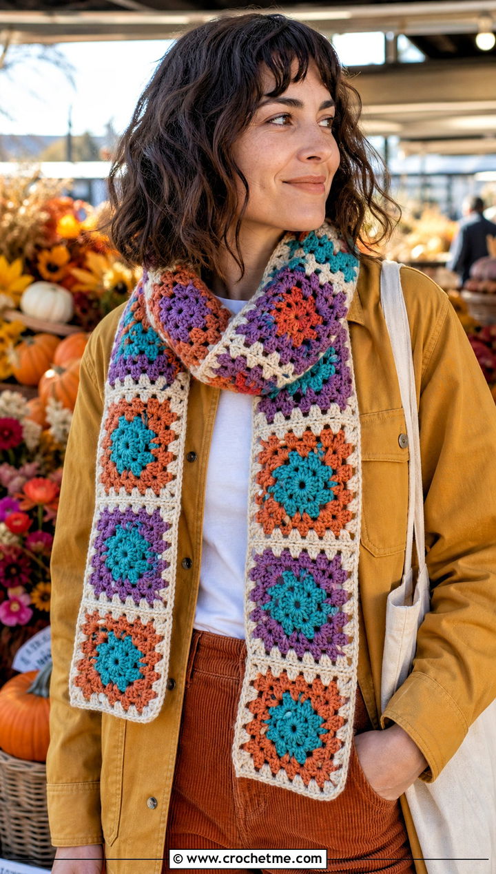 Patchwork Granny Square Crochet Scarf With Chore Jacket - 30 crochet granny stitch scarf outfit ideas