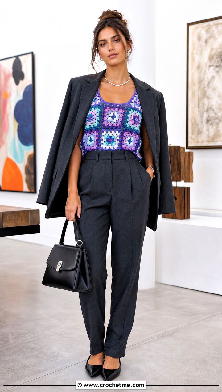 Patchwork Granny Square Crochet Tank Top With Tailored Trousers - 25 Granny Square Crochet Tank Top outfit ideas