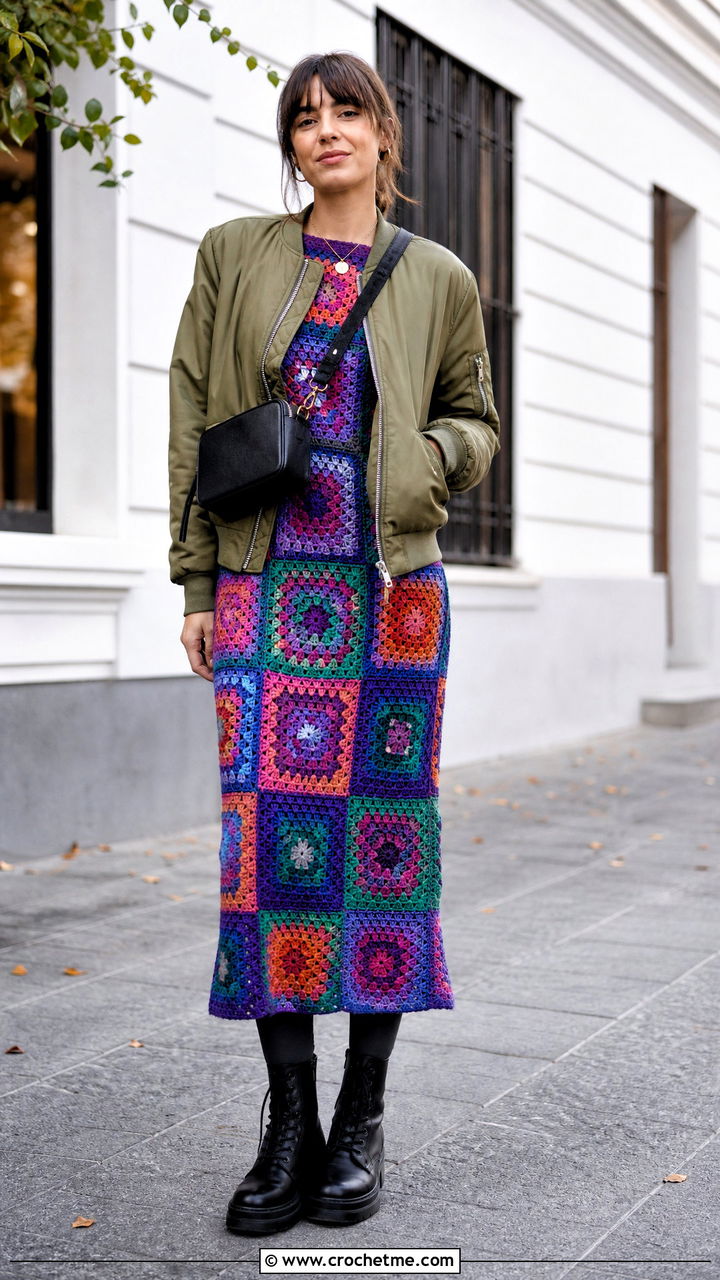 Patchwork Granny Square Dress With Combat Boots - 35 crochet granny square dress outfit ideas