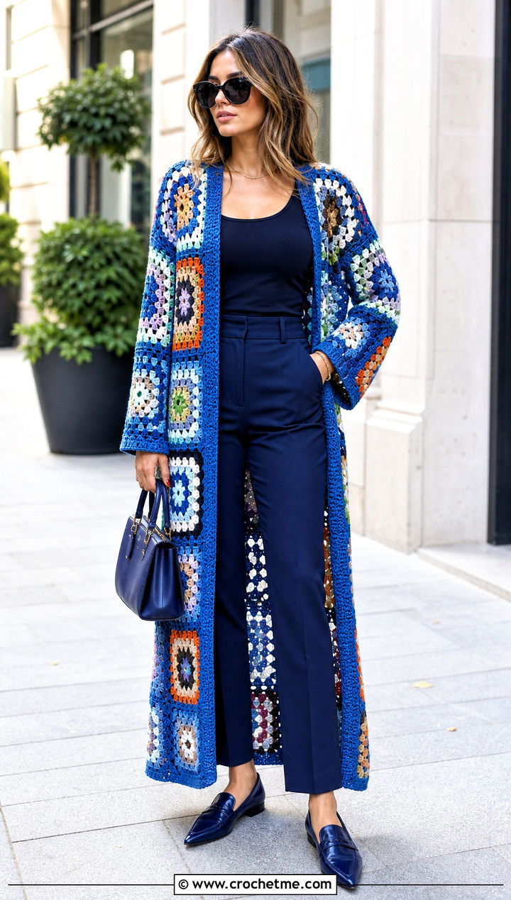 Patchwork Granny Square Duster With Monochrome Outfit - 25 Crochet Granny Square Duster outfit ideas