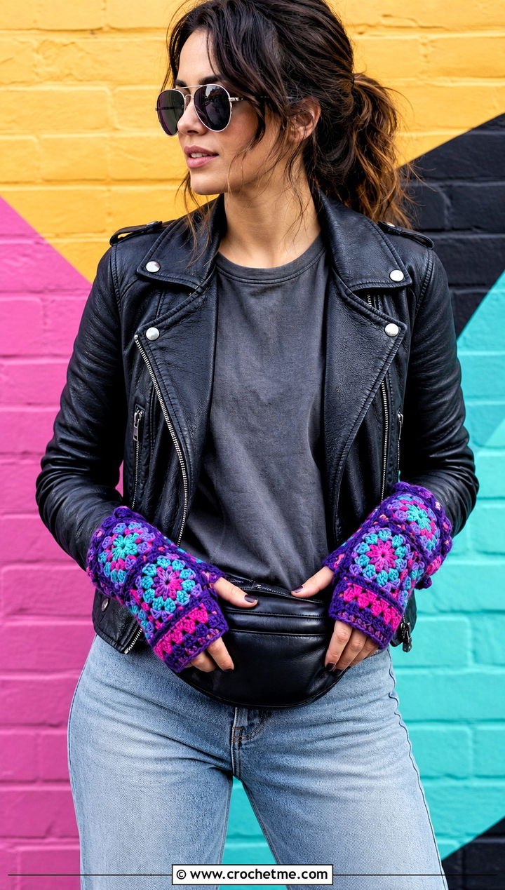 Patchwork Granny Square Fingerless Gloves With Leather Jacket - 30 crochet granny square fingerless gloves outfit ideas